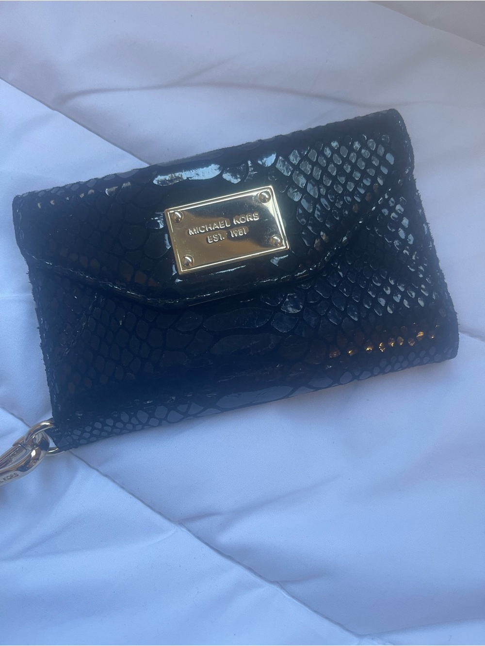 Michael Kors Black Patent Snake-Embossed Wristlet with Gold Plate